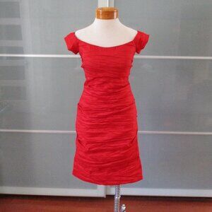 Alex Evenings Cap Sleeve Red Gathered & Ruched Cocktail Dress